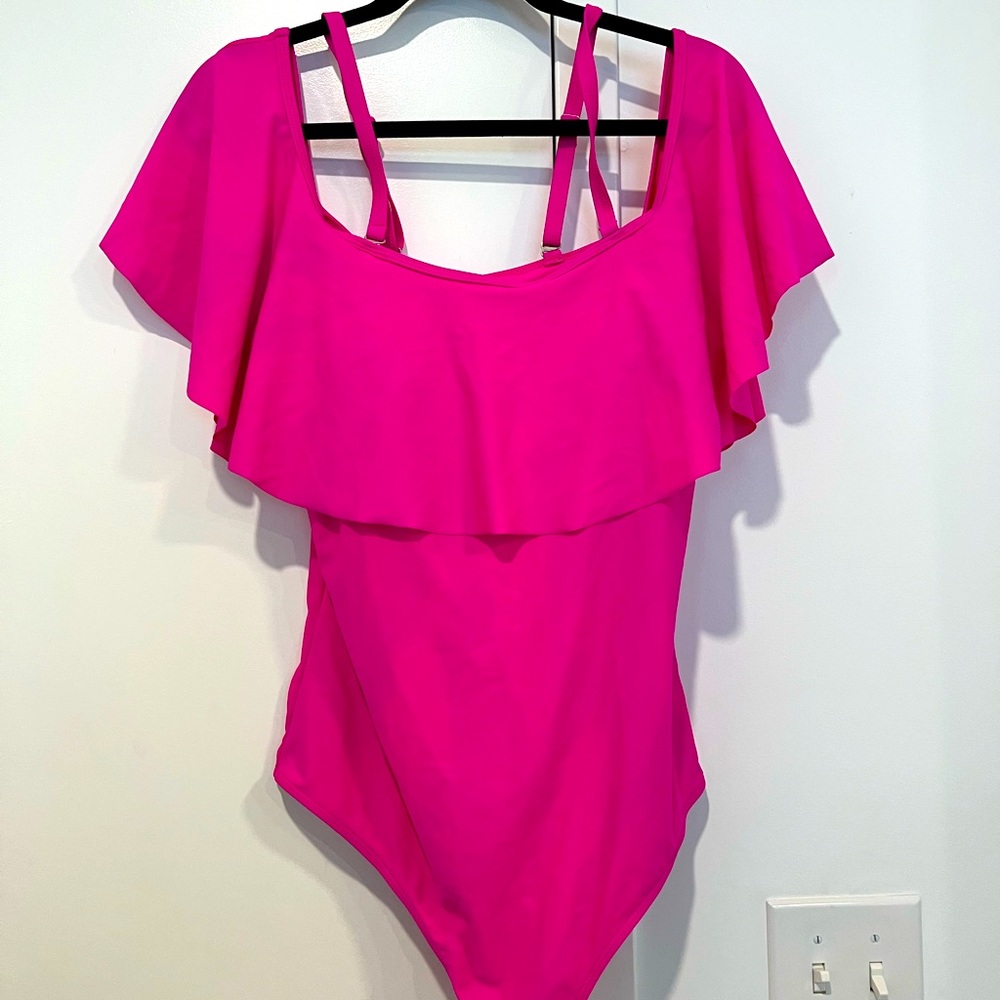 Daci Women Pink Ruffle Off Shoulder Tummy Control One Piece Swimsuit size 18